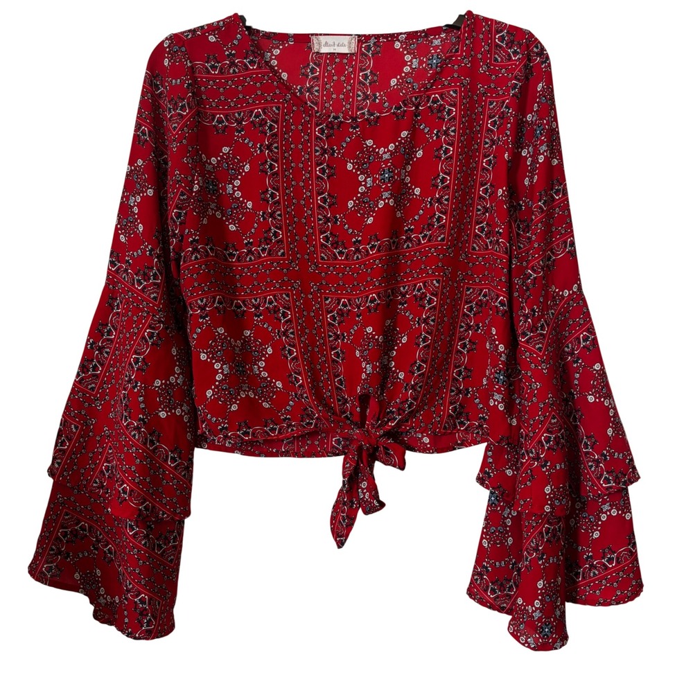 Altar'd State Women's Blouse Medium Boho Hippie Bell Sleeves Crop Red Bandana